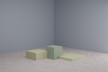 3d modeling scene with square podiums in calm pastel colors. Blank showcase mockup with simple geometric elements. Empty 3d platforms for cosmetic product presentation