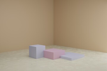Fototapeta na wymiar 3d modeling scene with square podiums in calm pastel colors. Blank showcase mockup with simple geometric elements. Empty 3d platforms for cosmetic product presentation