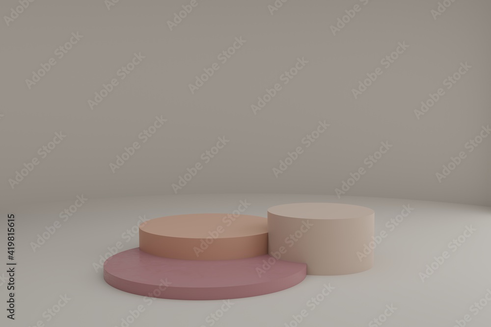 Poster 3d modeling scene with round podiums in calm pastel colors. blank showcase mockup with simple geomet