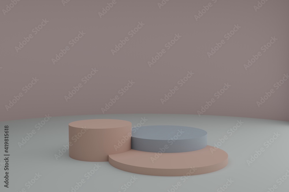 Poster 3d modeling scene with round podiums in calm pastel colors. blank showcase mockup with simple geomet