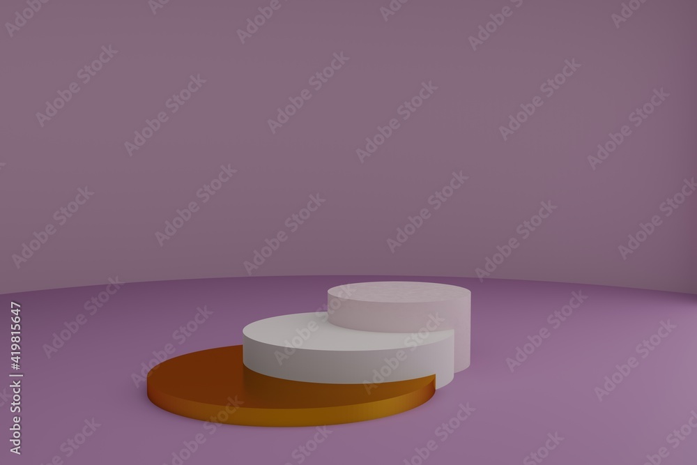 Poster 3d modeling scene with round podiums in calm pastel colors. blank showcase mockup with simple geomet
