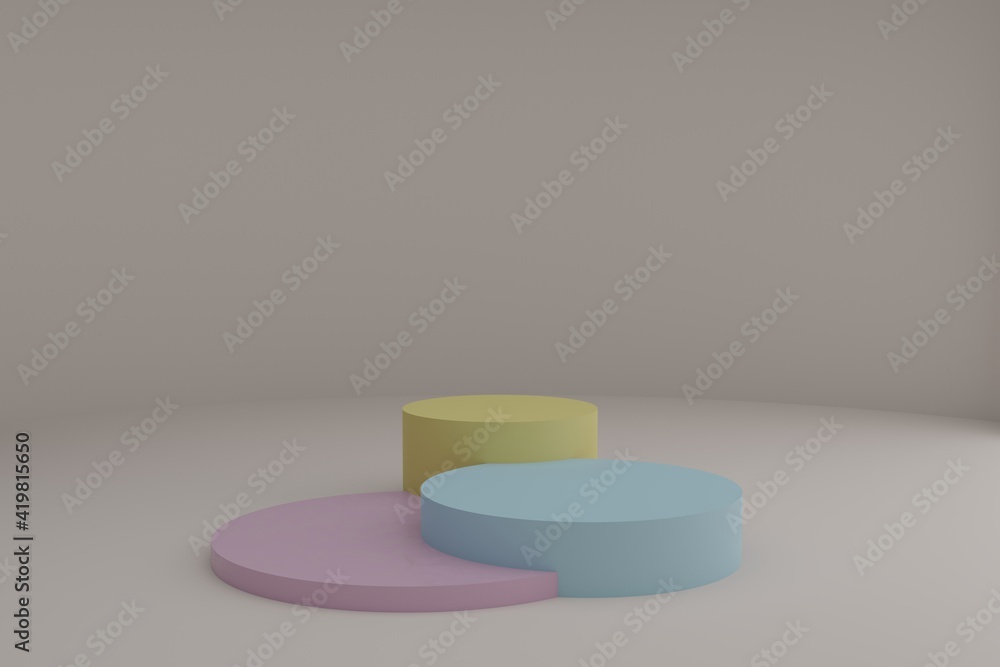 Poster 3d modeling scene with round podiums in calm pastel colors. blank showcase mockup with simple geomet