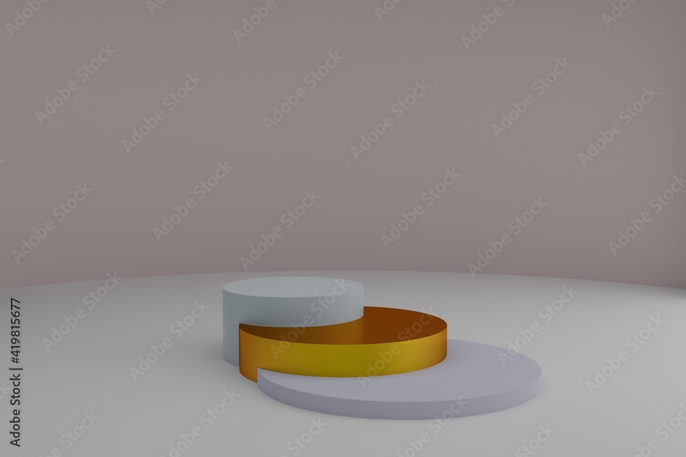Poster 3d modeling scene with round podiums in calm pastel colors. blank showcase mockup with simple geomet