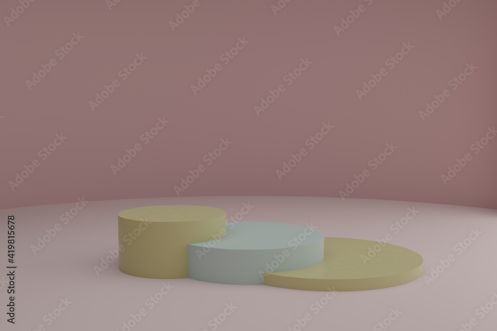 Poster 3d modeling scene with round podiums in calm pastel colors. blank showcase mockup with simple geomet