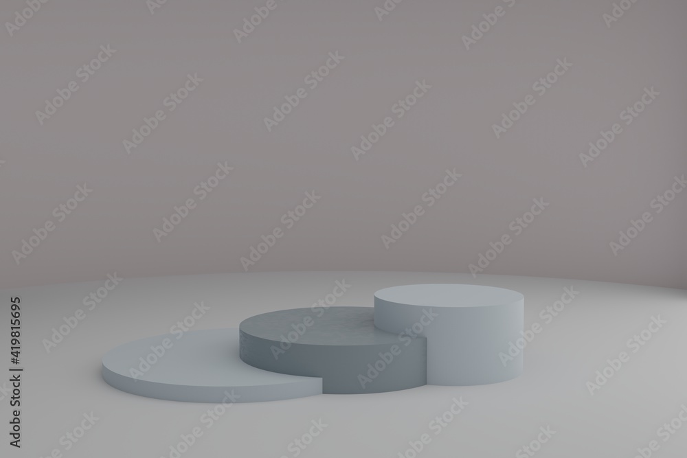 Poster 3d modeling scene with round podiums in calm pastel colors. blank showcase mockup with simple geomet