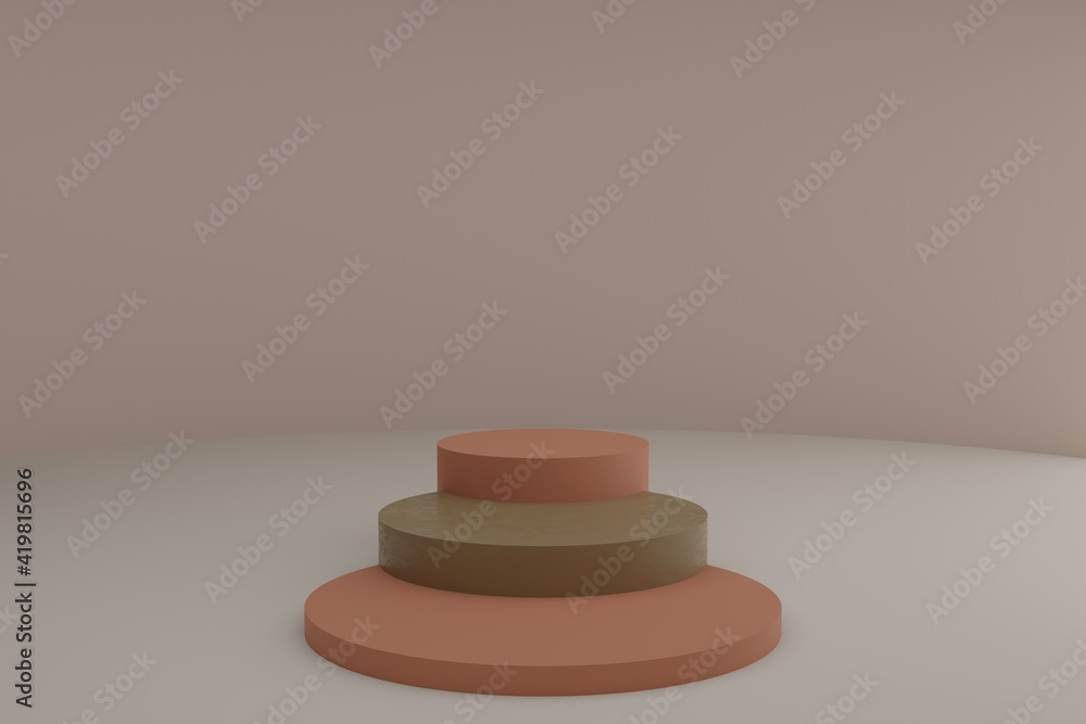 Poster 3d modeling scene with round podiums in calm pastel colors. Blank showcase mockup with simple geometric elements. Empty 3d pedestals for cosmetic product presentation