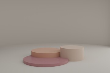 3d modeling scene with round podiums in calm pastel colors. Blank showcase mockup with simple geometric elements. Empty 3d pedestals for cosmetic product presentation