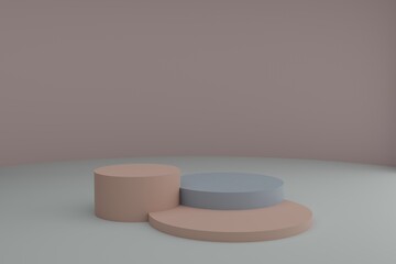 3d modeling scene with round podiums in calm pastel colors. Blank showcase mockup with simple geometric elements. Empty 3d pedestals for cosmetic product presentation