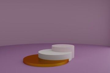 3d modeling scene with round podiums in calm pastel colors. Blank showcase mockup with simple geometric elements. Empty 3d pedestals for cosmetic product presentation