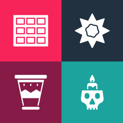 Set pop art Burning candle on a skull, Mexican drum, Sun and Chocolate bar icon. Vector.