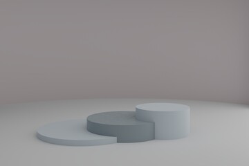3d modeling scene with round podiums in calm pastel colors. Blank showcase mockup with simple geometric elements. Empty 3d pedestals for cosmetic product presentation