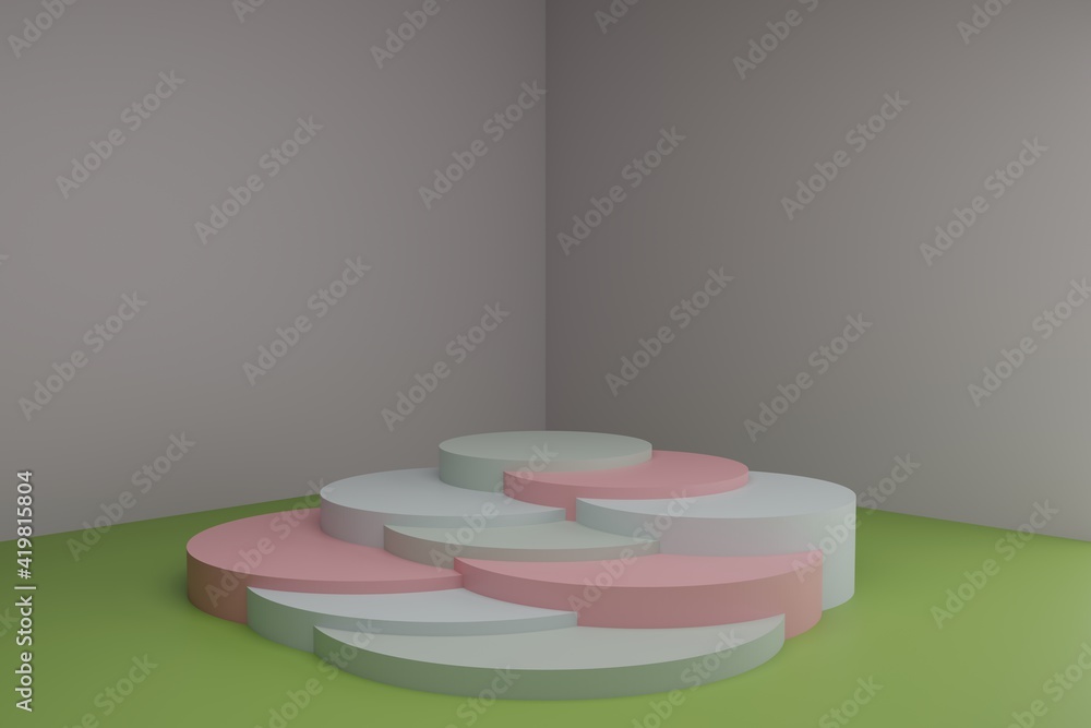 Poster 3d modeling scene with round podiums in calm pastel colors. blank showcase mockup with simple geomet
