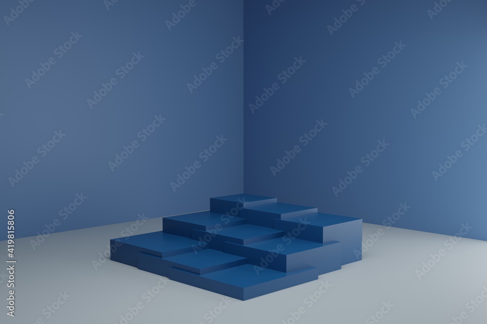 Poster 3d modeling scene with square podiums in calm pastel colors. blank showcase mockup with simple geome