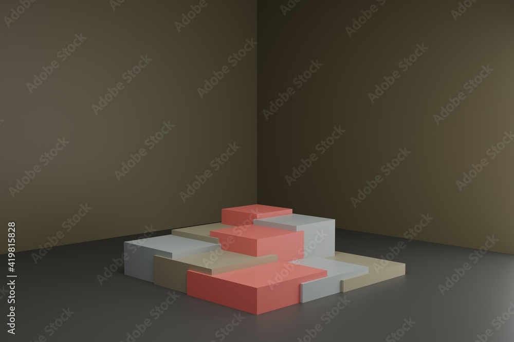 Poster 3d modeling scene with square podiums in calm pastel colors. blank showcase mockup with simple geome