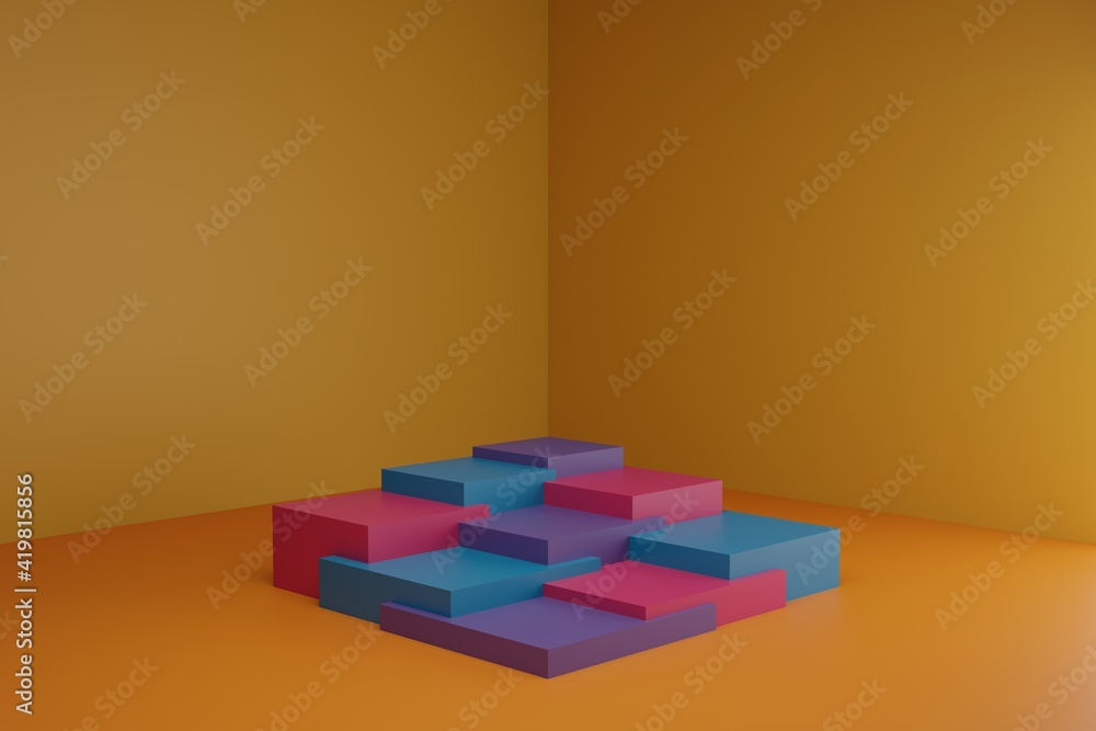 Poster 3d modeling scene with square podiums in calm pastel colors. blank showcase mockup with simple geome