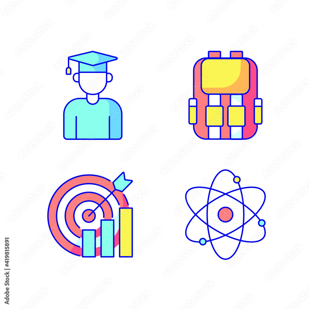 Poster education color icons set. university structure. knowledge concept. online learning. thin line custo