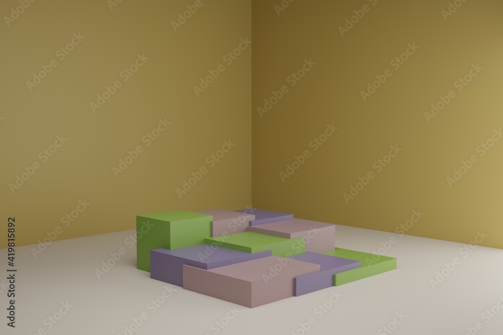 Poster 3d modeling scene with square podiums in calm pastel colors. blank showcase mockup with simple geome