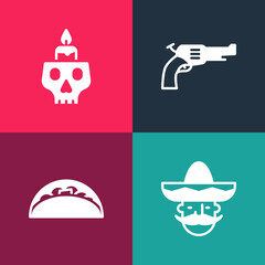 Set pop art Mexican man sombrero, Taco with tortilla, Revolver gun and Burning candle on skull icon. Vector.