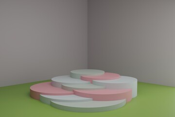 3d modeling scene with round podiums in calm pastel colors. Blank showcase mockup with simple geometric elements. Empty 3d pedestals for cosmetic product presentation