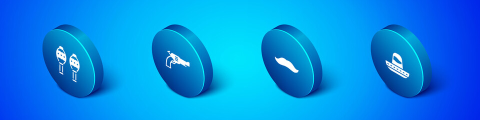 Set Isometric Maracas, Mustache, Mexican sombrero and Revolver gun icon. Vector.
