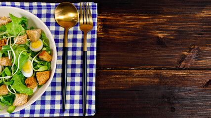 Sunflower sprout salad with a variety of kinds of natural vegetables and crunchy bread. Healthy and diet menu idea