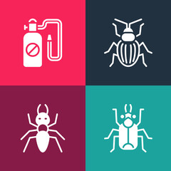Set pop art Beetle bug, Ant, Chafer beetle and Pressure sprayer icon. Vector.