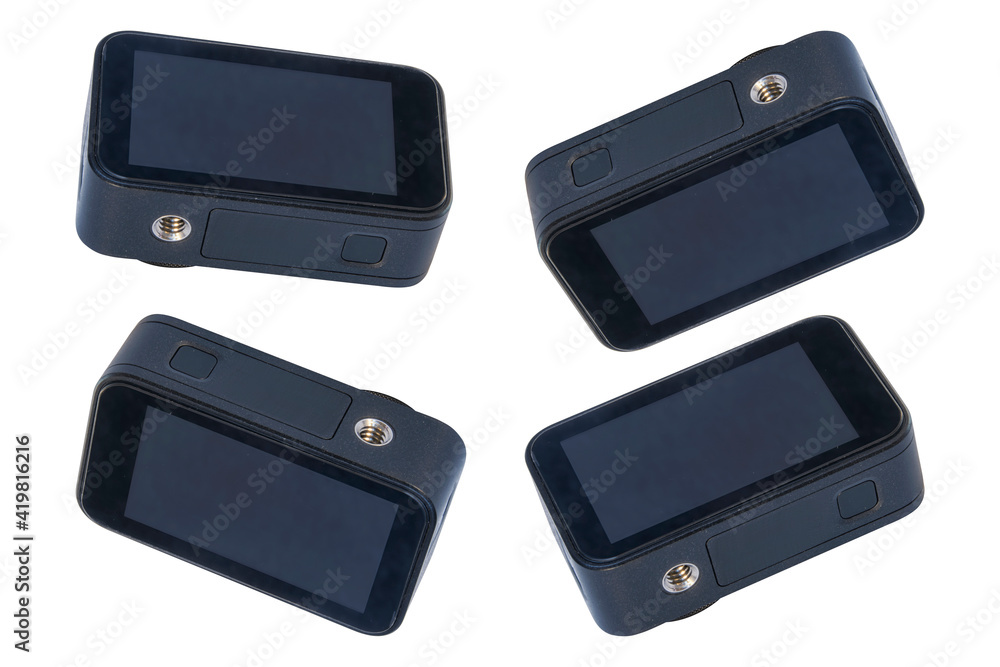Poster set of compact action cameras of different angles isolated on a white background for shooting photos