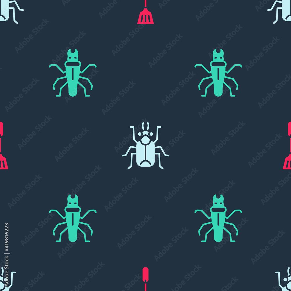 Poster set fly swatter, beetle bug and termite on seamless pattern. vector.
