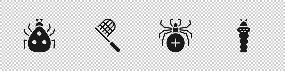 Set Ladybug, Butterfly net, Spider and Larva insect icon. Vector.