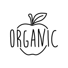 Logotipo con texto manuscrito ORGANIC escrito a mano en silueta de manzana con lineas en color negro