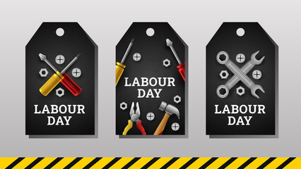 Happy Labour Day Label with Yellow Stripe and Tools