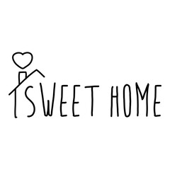Logotipo con texto manuscrito Sweet Home con tejado de casa y corazón escrito a mano en color negro