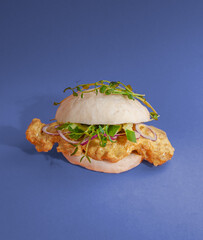 Bao burger with chicken and vegetables with curry sauce. Traditional Korean cuisine. Close-up....