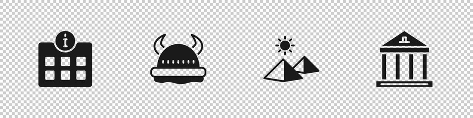 Fototapeta premium Set Information, Viking in horned helmet, Egypt pyramids and Museum building icon. Vector.