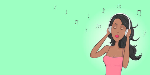 African girl listening music in headphones. Poster with copy space. Vector illustration.