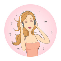 Girl enjoying music in headphones. Female avatar. Vector.