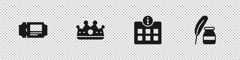 Set Museum ticket, King crown, Information and Feather and inkwell icon. Vector.