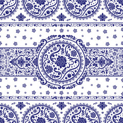 Blue and white Turkish seamless pattern with luxury floral ornament. Traditional Arabic, Indian motifs. Great for fabric and textile, wallpaper, packaging or any desired idea.