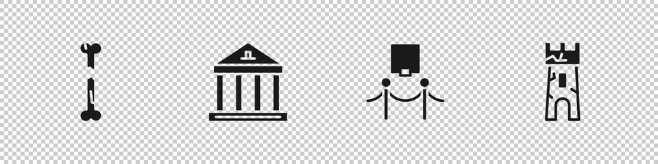 Set Human broken bone, Museum building, Picture and rope barrier and Castle tower icon. Vector.