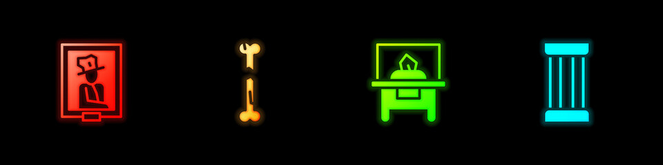 Set Portrait in museum, Human broken bone, Glass showcase for exhibit and Ancient column icon. Vector.