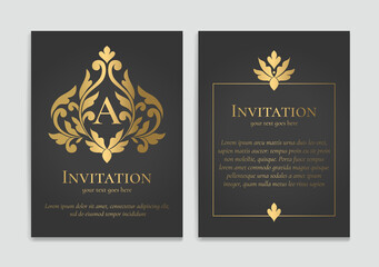 Black and gold vector greeting card with luxury frame template. Great for invitation, flyer, menu, brochure, monogram, background, wallpaper, decoration, packaging or any desired idea.