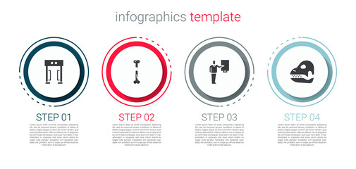 Set Metal detector, Human broken bone, Museum guide and Dinosaur skull. Business infographic template. Vector.