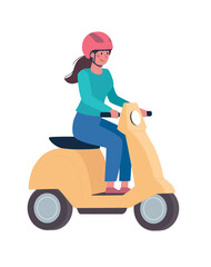 A girl in a helmet rides a modern moped. Vector, flat style. Alternative environmentally friendly transport, healthy lifestyle. Woman on a motorbike.