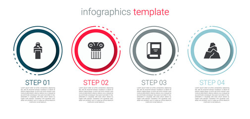 Set Gives lecture, Ancient column, History book and Rock stones. Business infographic template. Vector.