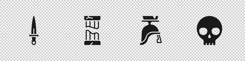 Set Dagger, Broken ancient column, Roman army helmet and Human skull icon. Vector.