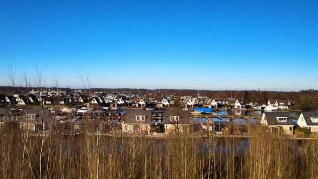 Aerial of the harbour of Scheendijk Loosdrechtse Plassen near Breukelen in The Netherlands. Waterways landscape.