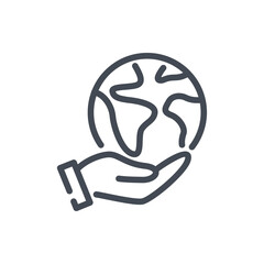 Save the planet line icon. Hand holding planet Earth vector outline sign.
