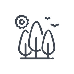 Park and forest line icon. Trees with sun and birds vector outline sign.