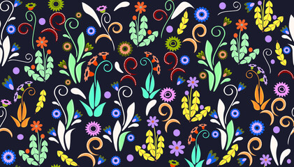 Fototapeta na wymiar A seamless pattern of fantasy flowers on a black background