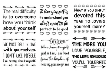 Set of sayings about self-love and Self-esteem. Love yourself Vector Quotes Bundle
